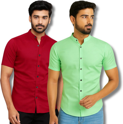 RANGFIT Men Solid Casual Maroon, Light Green Shirt(Pack of 2)