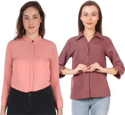 Mamnoon Women Solid Casual Green Shirt(Pack of 2)