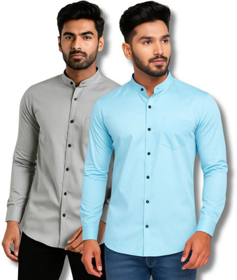 COTTONCHHAP Men Solid Casual Grey, Light Blue Shirt(Pack of 2)