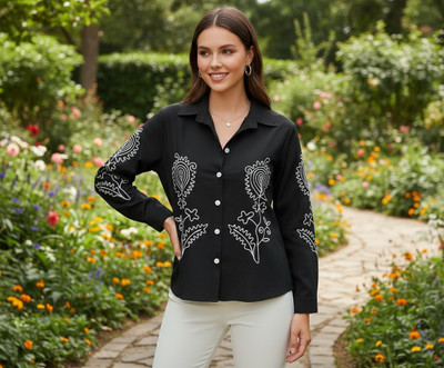 Vevora Women Embroidered Casual Black Shirt