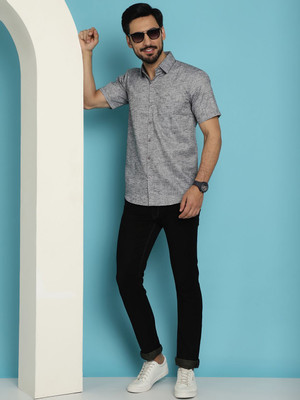 Indian Needle Men Self Design Casual Grey Shirt
