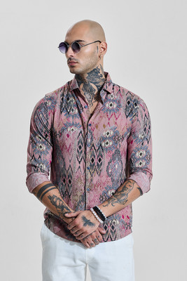 Snitch Men Printed Casual Pink Shirt