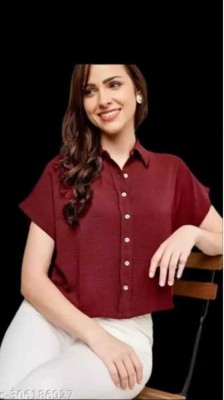 ANVCREATION Women Self Design Casual Maroon Shirt