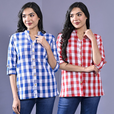FABISHO Women Checkered Casual Blue, Red, White Shirt(Pack of 2)