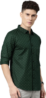 METRONAUT Men Printed Casual Dark Green, White Shirt