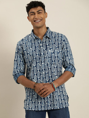 Taavi Men Self Design Casual Blue Shirt