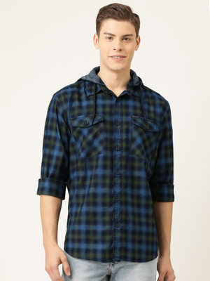 BEING HUMAN Men Checkered Casual Dark Blue Shirt