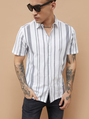 Forca by Lifestyle Men Striped Casual White, Grey Shirt