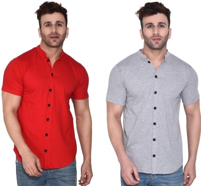 GEUM Men Solid Formal Red, Grey Shirt(Pack of 2)