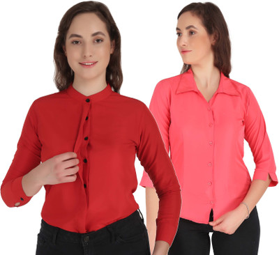 Hunoor Women Solid Casual Red, Pink Shirt(Pack of 2)
