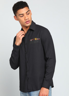 INDICLUB Men Self Design Casual Black Shirt