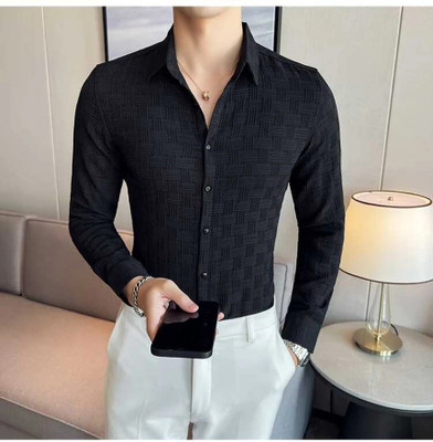 Eluyaana Fashion Men Self Design Casual Black Shirt