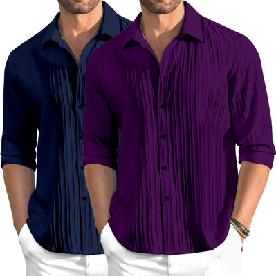 OXXOM Men Self Design Casual Dark Blue, Purple Shirt(Pack of 2)