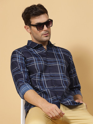 METRONAUT Men Checkered Casual Dark Blue Shirt
