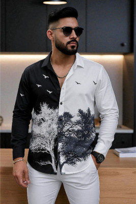 SHFASHION Men Printed Casual Black, White Shirt