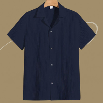 Looksky Men Self Design Casual Dark Blue Shirt
