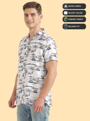 JOVEN Men Printed Casual White, Blue Shirt