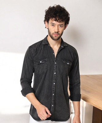 Double One Men Solid Casual Black Shirt