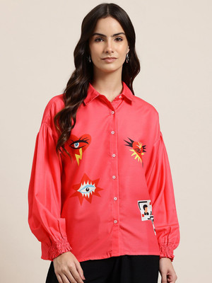 HERE&NOW Women Printed Casual Pink Shirt