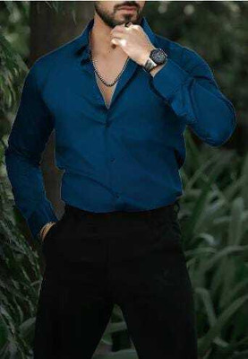 R Y Fashion Men Solid Casual Blue Shirt