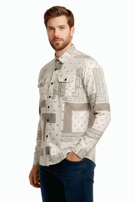 HouseOfCommon Men Printed Casual Beige Shirt