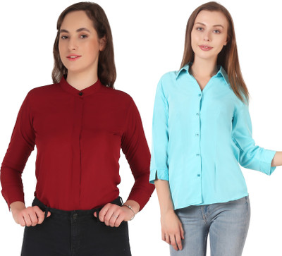 Miranga Women Solid Casual Red, Light Blue Shirt(Pack of 2)