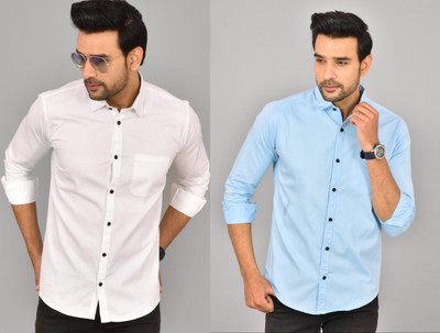 HEMS Men Solid Casual Blue, White Shirt(Pack of 2)