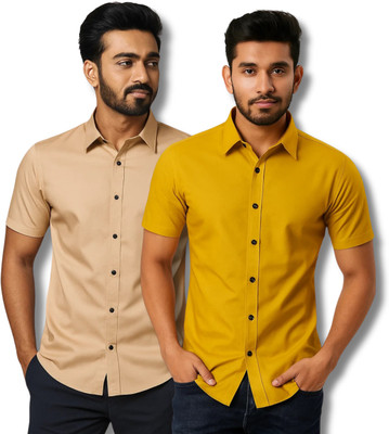 RAREMARK Men Self Design Formal Orange, Yellow Shirt(Pack of 2)