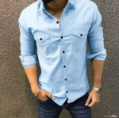 SADO Men Solid Casual Light Blue Shirt