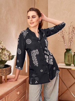 KAFTANIZE Women Geometric Print Casual Black Shirt