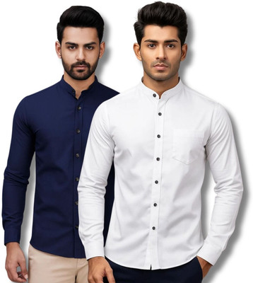 MAHIRAN Men Solid Casual Dark Blue, White Shirt(Pack of 2)