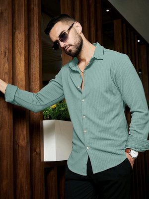 JACKBELLA Men Self Design Casual Green Shirt