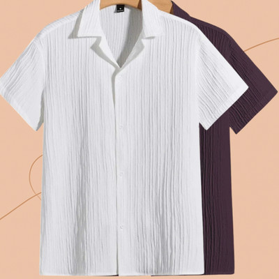 Jenil Fashion Men Self Design Casual White, Purple Shirt(Pack of 2)