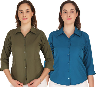 HEAVENS CREATIONS Women Solid Formal Dark Blue, Green Shirt(Pack of 2)