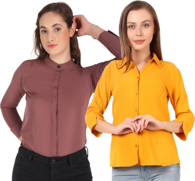HEAVENS CREATIONS Women Solid Formal Brown, Yellow Shirt(Pack of 2)