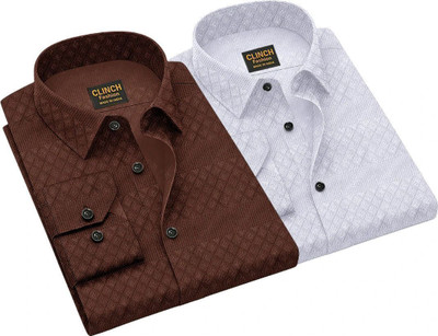 clinch fashion Men Self Design Casual Brown, White Shirt(Pack of 2)