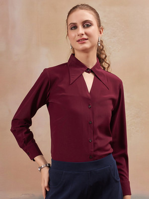fithub Women Solid Formal Maroon Shirt