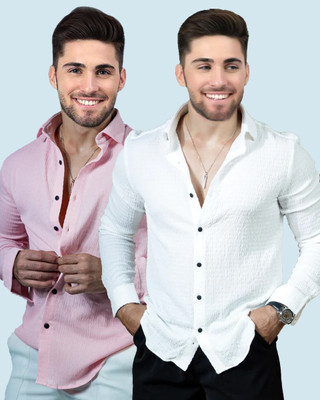 Marmic Fab Men Solid Casual White, Pink Shirt(Pack of 2)