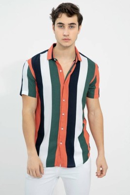 HA ENTERPRISES Men Striped Casual Orange, Green Shirt