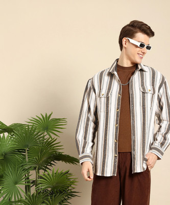 Mast & Harbour Men Striped Casual White, Brown Shirt