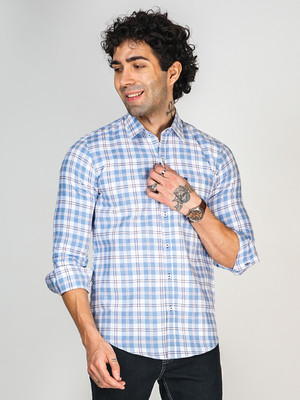 Allen Cooper Men Checkered Casual Blue Shirt