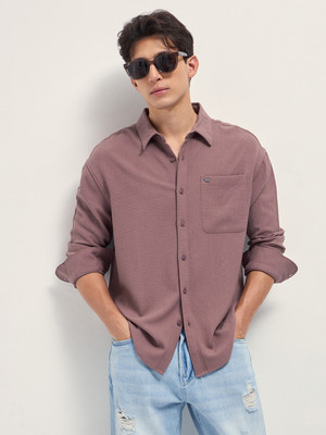 THE BEAR HOUSE Men Self Design Casual Pink Shirt