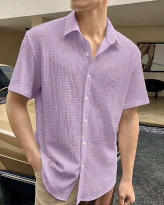 The style grove Men Self Design Casual Purple Shirt