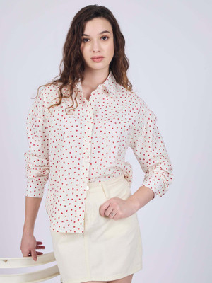 OUTZIDR Women Polka Print Casual White Shirt