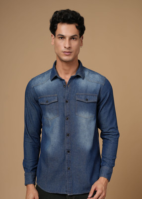HAITCH Men Washed Casual Dark Blue Shirt