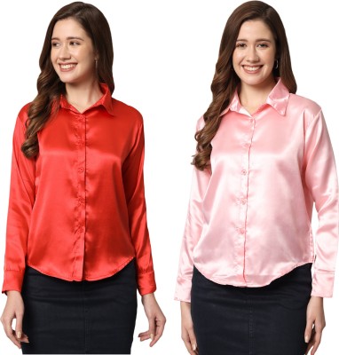 FUNDAY FASHION Women Solid Casual Pink, Red Shirt(Pack of 2)