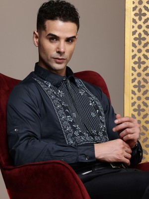 House of Pataudi Men Self Design Party Blue Shirt