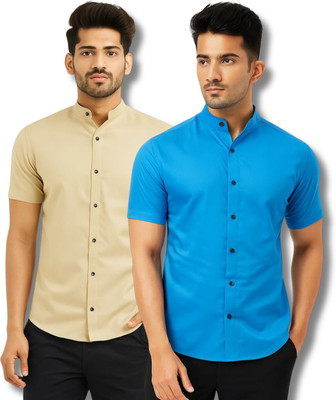 ModeNex Men Solid Casual Beige, Blue Shirt(Pack of 2)