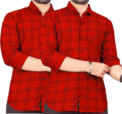 Click Everyday Men Checkered Casual Red Shirt(Pack of 2)