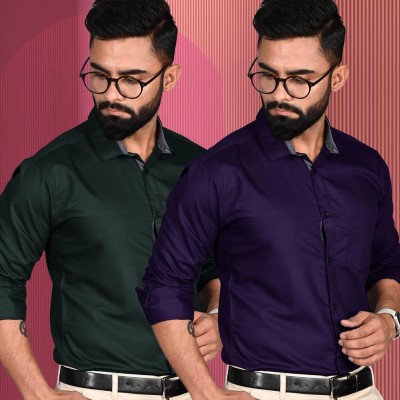 Tee Projekt Men Solid Formal Purple, Dark Green Shirt(Pack of 2)